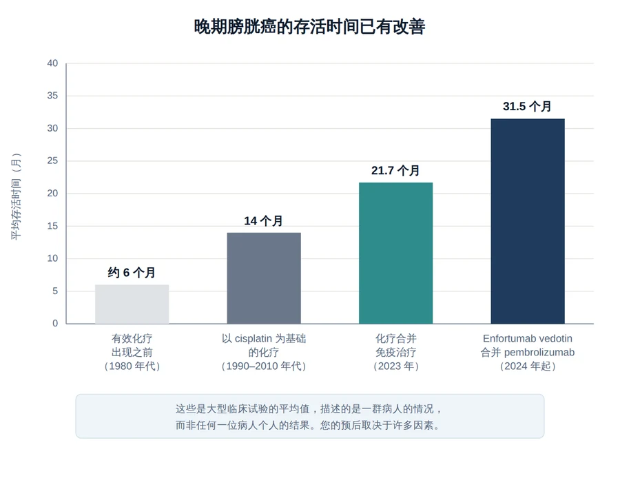 柱状图显示晚期膀胱癌在不同治疗年代的平均存活时间逐步提高。