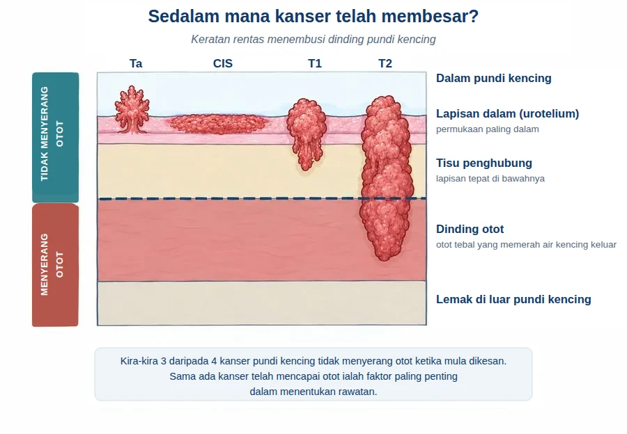 Rajah keratan dinding pundi kencing menunjukkan sedalam mana kanser telah membesar, daripada Ta dan CIS hingga T1 dan T2.