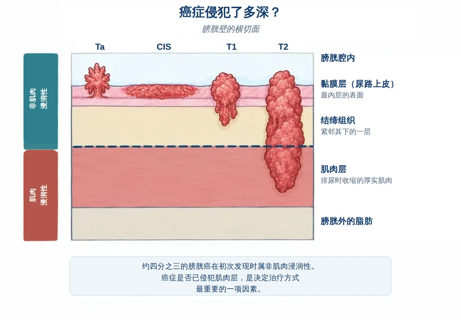 膀胱壁横切面示意图，显示癌症侵犯的深度，从 Ta 与 CIS 到 T1 与 T2。