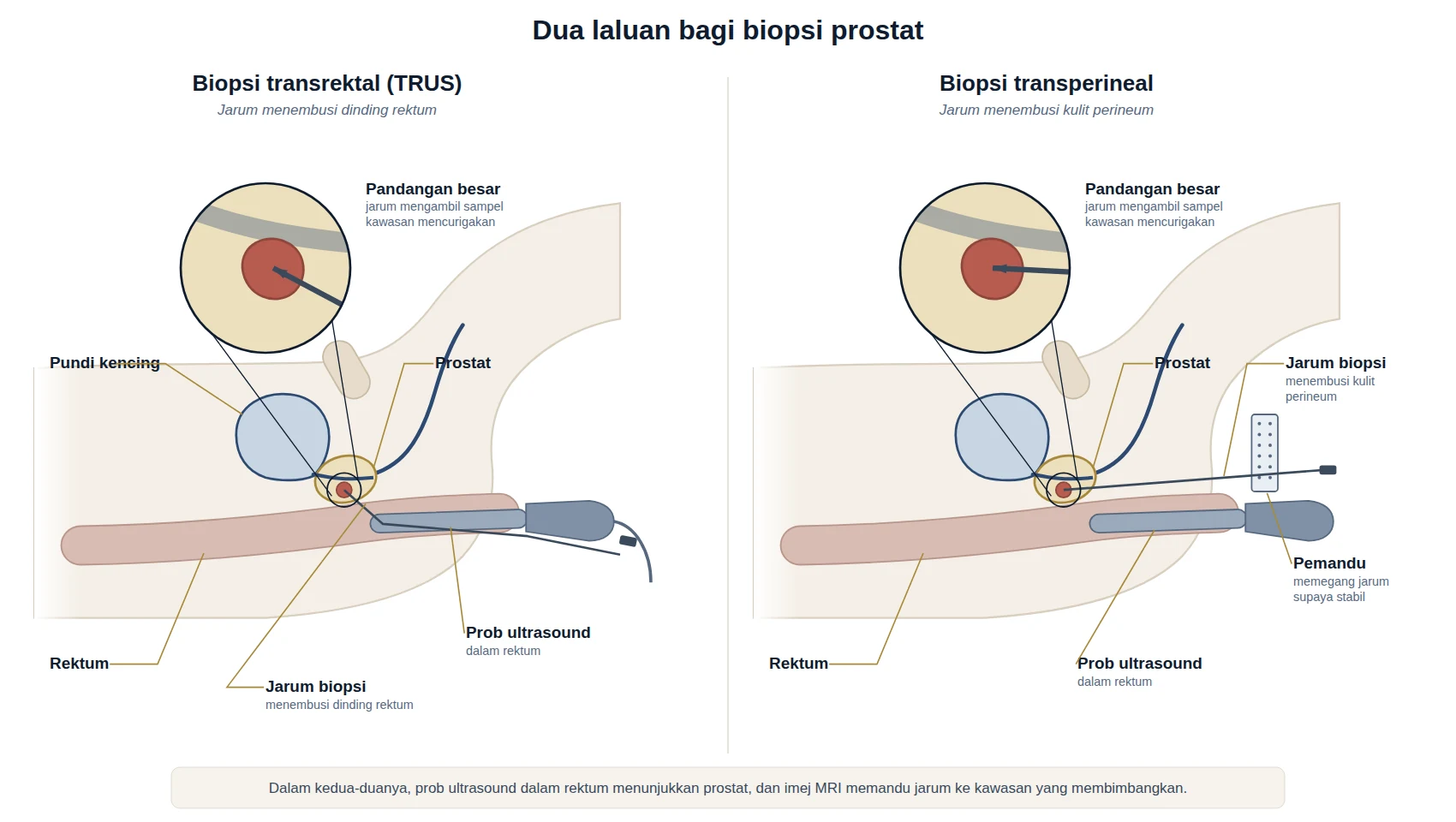 Rajah dua laluan biopsi prostat — transrektal melalui dinding rektum, dan transperineal melalui kulit perineum.