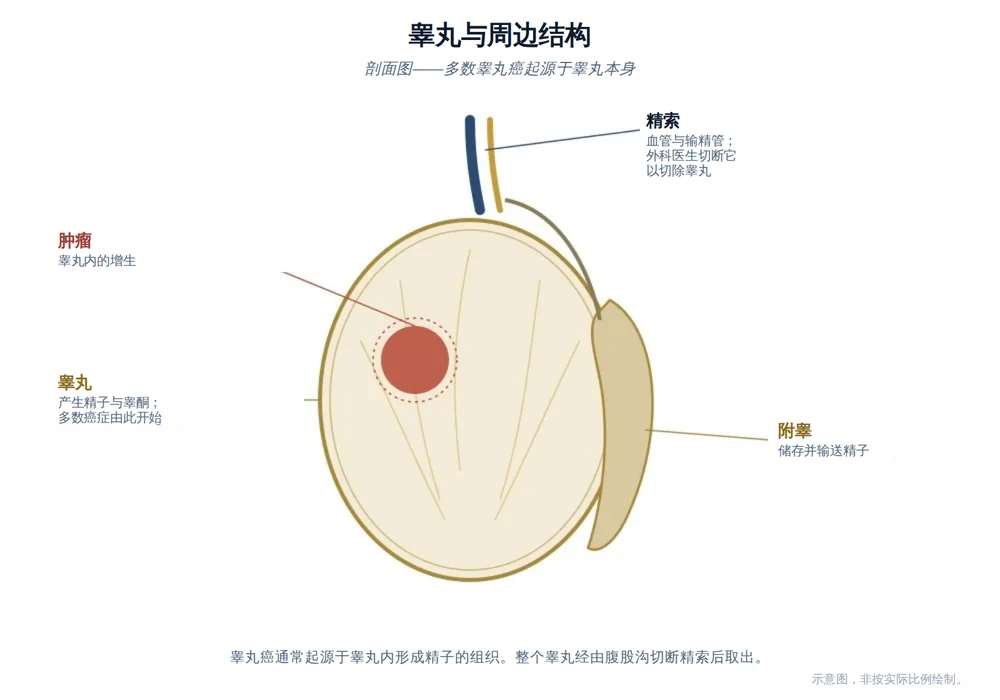 睾丸剖面示意图，显示睾丸内的肿瘤、附睾与精索。